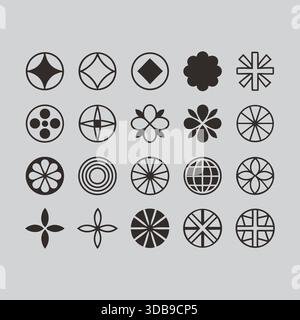 Collezione di simboli geometrici, decorativi, floreali e ruota isolati Illustrazione Vettoriale