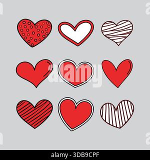 Collezione di nove diverse forme di cuore rosso stilizzate in vari disegni Illustrazione Vettoriale