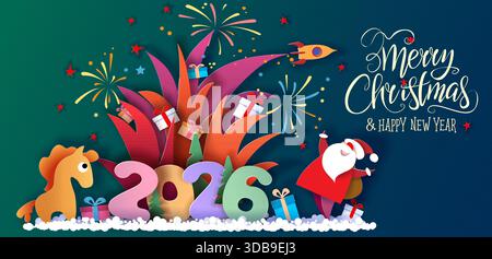 Nuovo anno e buon Natale design pubblicitario. Babbo Natale con confezione regalo e fuochi d'artificio su lettere grandi 2026 su sfondo blu Illustrazione Vettoriale