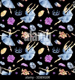 Grazioso motivo ad acquerello senza cuciture con ballerine classiche che ballano in pose espressive. Gonne fluide e movimento elegante creano un look raffinato Foto Stock