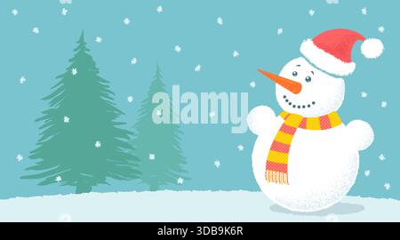 Illustrazione vettoriale di pupazzo di neve per Natale e Capodanno. Pupazzo di neve vettoriale con fiocchi di neve. Sfondo natalizio. Illustrazione Vettoriale