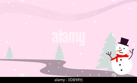 Pupazzo di neve e Falling Snow su sfondo rosa brillante Illustrazione Vettoriale