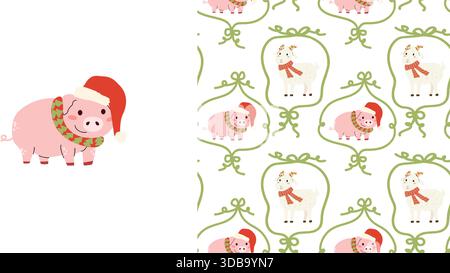 Maiale di Natale con stampa cappello babbo natale e motivo senza cuciture con telaio in coquette e simpatico maialino e capra. Schema delle vacanze degli animali da fattoria. Illustrazione Vettoriale