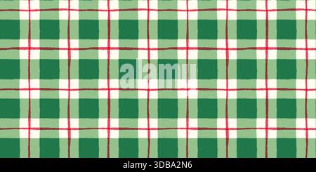 Motivo vettoriale senza cuciture dipinto a mano in verde e rosso di Natale, simpatico sfondo a quadri ondulato per i progetti natalizi Illustrazione Vettoriale