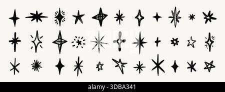 Set di stelle a pastello disegnate a mano e scintillanti con trama a matita ruvida. Le forme vettoriali dei doodle in stile gesso con stelle disegnate a mano e scintille. Perfetto per Illustrazione Vettoriale