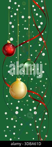 Sfondo natalizio con stelle gialle brillanti e glitter oro o coriandoli e neve. Sfondo verde. Volantino vettoriale o modello banner. Illustrazione Vettoriale