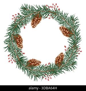Corona di Natale ad acquerello con rami di abete, coni di pino e frutti di bosco rossi, dipinta in uno stile morbido e accogliente. Ideale per biglietti di auguri e inviti Foto Stock