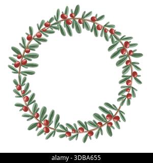 Una corona di Natale ad acquerello fatta di rami con bacche rosse, dipinta in uno stile morbido e festoso. Ideale per inviti e biglietti di auguri Foto Stock
