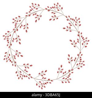 Una corona di Natale ad acquerello fatta di rami con bacche rosse, dipinta in uno stile morbido e festoso. Ideale per inviti e biglietti di auguri Foto Stock