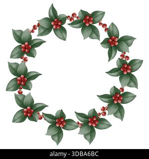 Una corona di Natale ad acquerello con foglie verdi, rami di abete e frutti di bosco rossi, dipinta in un morbido stile festivo. Perfetto per le carte vacanza Foto Stock