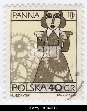 POLONIA — 1996 maggio 31: 40 francobollo grosz marrone oliva e giallo raffigurante i segni dello zodiaco: La Vergine (♍︎) è il sesto segno astrologico dello zodiaco. Si estende dal 150 al 180° grado dello zodiaco. Sotto lo zodiaco tropicale, il Sole transita in quest'area (in media) tra il 23 agosto e il 22 settembre. A seconda del sistema di astrologia, gli individui nati durante queste date possono essere chiamati Virgos o Virgoani. Il segno è associato ad Astraea. Virgo è uno dei tre segni della Terra, insieme a Capricorno e Toro Foto Stock