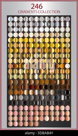 Set gradiente vettoriale rotondo in stile oro e rosa argento , sfumature oro, realistico dorato, tavolozze metalliche, set gradiente oro Illustrazione Vettoriale