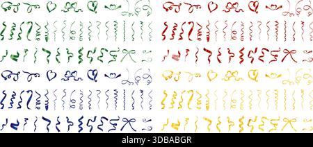 Nastro rosso, blu, giallo, verde decorativo isolato su sfondo bianco, collezione di nastri realistici. Confezione regalo decorativa. Illustrazione Vettoriale