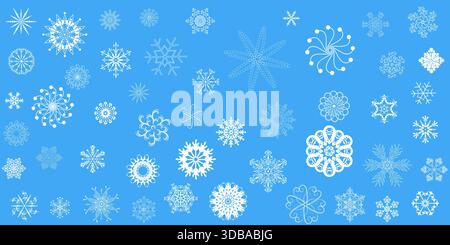 Sfondo blu natalizio con fiocchi di neve. Collezione di fiocchi di neve isolati. Illustrazione Vettoriale