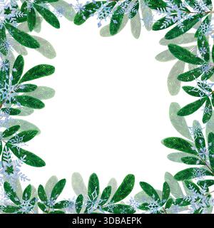 Una cornice quadrata di rami di abete e fiocchi di neve. Illustrazione ad acquerello disegnata a mano, cartone animato. Vacanze, Capodanno, Natale, inverno, neve, magia Foto Stock
