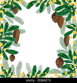 Una cornice quadrata di rami di abete coni di pino e stelle. Illustrazione ad acquerello disegnata a mano, cartone animato. Vacanze, Capodanno, Natale, inverno, accogliente, stelle Foto Stock