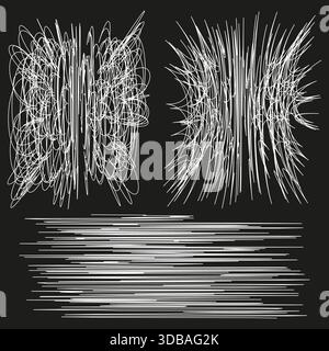 Forme astratte di scarabocchi. Linee disegnate a mano. Vettore texture grunge. Sfondo scuro impostato. Illustrazione Vettoriale