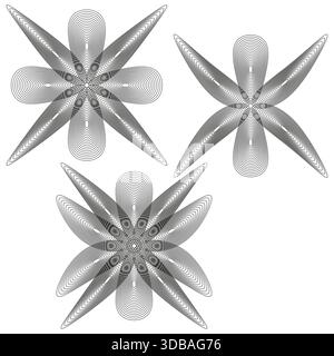 Motivi floreali ghigliottini. Elementi mesh radiali. Vettore rosetta astratta. Sfondo bianco pulito. Illustrazione Vettoriale