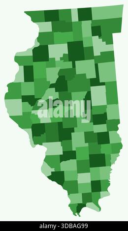 Mappa dell'Illinois con le contee. Solo una semplice mappa del confine di stato con la divisione della contea. Tavolozza dei colori verde. Illustrazione Vettoriale