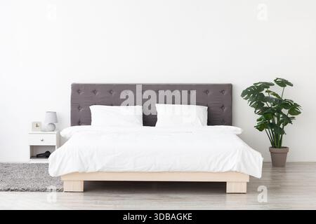 Camera accogliente ed elegante con comodo letto doppio dal design minimalista Foto Stock