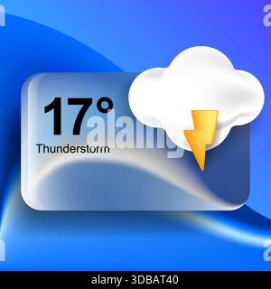 Questa immagine mostra un widget dell'interfaccia utente di un'applicazione meteo moderna che visualizza una previsione di temporale con informazioni sulla temperatura Illustrazione Vettoriale