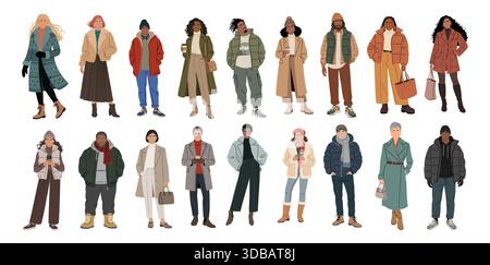Set di uomini e donne in eleganti abiti invernali. Illustrazione Vettoriale