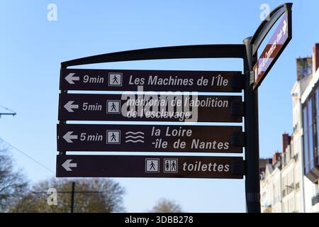 Cartello stradale direzionale a Nantes che mostra gli orari a piedi delle attrazioni locali sotto un cielo azzurro. Nantes, Francia Foto Stock