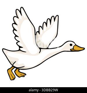 Affascinante illustrazione vettoriale di un'oca bianca a metà volo, con le ali spalmate e i piedi a trama allungati, mostrando un design semplice e pulito Illustrazione Vettoriale