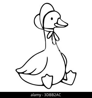 Affascinante illustrazione vettoriale di un'oca carina che indossa il cofano e l'arco, seduta su sfondo bianco. Illustrazione Vettoriale
