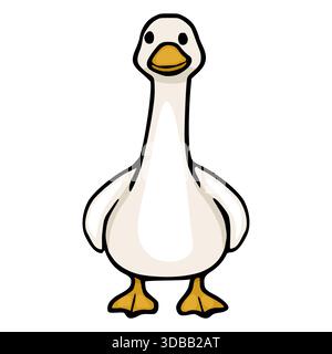 Un'affascinante illustrazione vettoriale di un'oca amichevole con un corpo bianco, occhi neri e un becco arancione, in piedi su piedi gialli a trama contro una b bianca Illustrazione Vettoriale