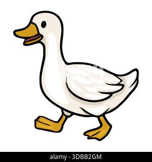 Adorabile oca vettoriale dei cartoni animati con becco arancione e piedi, che cammina con grazia con un'espressione amichevole. Illustrazione Vettoriale