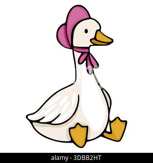 Affascinante illustrazione vettoriale di un cartoni animati che raffigura un'oca carina che indossa un cofano e un fiocco rosa, seduti con un'espressione amichevole. Illustrazione Vettoriale