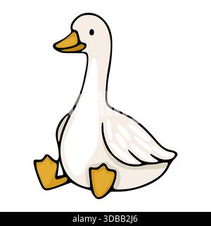 Adorabile illustrazione vettoriale di un grazioso oca bianca seduta con i suoi piedi intrecciati visibili, realizzata in un semplice e affascinante stile piatto. Illustrazione Vettoriale