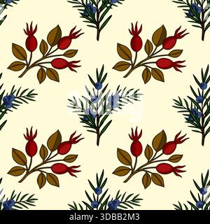 Motivo vettoriale senza cuciture con rami di rosehip e ginepro stilizzati con frutti di bosco su sfondo giallo pallido. Illustrazione Vettoriale