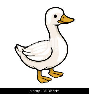 Affascinante illustrazione vettoriale di un'amichevole oca bianca con becco e piedi gialli, in piedi e guardando verso destra, isolata su sfondo bianco. Illustrazione Vettoriale