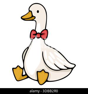 Adorabile personaggio d'oca bianca che indossa un papillon rosso, raffigurato in un'affascinante illustrazione vettoriale con linee pulite e una semplice tavolozza di colori. Illustrazione Vettoriale