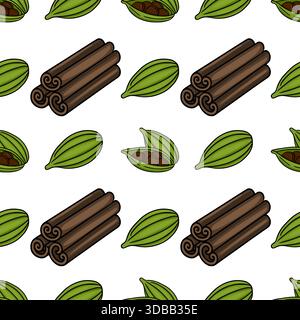 Motivo vettoriale senza cuciture di bastoncini di cannella stilizzati e cialde di cardamomo con contorni audaci su sfondo bianco. Illustrazione Vettoriale