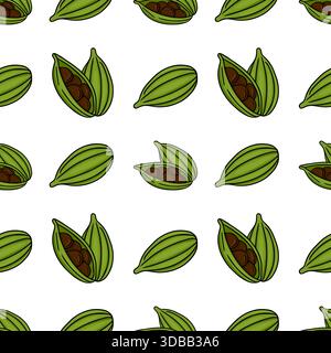 Motivo vettoriale senza cuciture con cialde di cardamomo verdi stilizzate con semi marroni visibili, realizzate in uno stile pulito e illustrativo su sfondo bianco Illustrazione Vettoriale