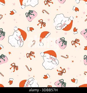 Motivo natalizio senza cuciture con graziosi volti di Babbo Natale, borse regalo, bastoncini di caramelle, fiocchi, stelle, ed elementi festivi in colori pastello tenui, perfetti. Illustrazione Vettoriale