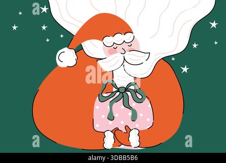 Graziosa illustrazione di Babbo Natale con una borsa regalo rosa con nastro, circondata da stelle su sfondo verde, perfetta per le feste natalizie. Illustrazione Vettoriale