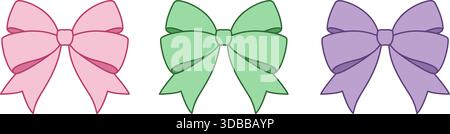 Set di tre archi regalo pastello in rosa, verde e viola con contorni. Illustrazione vettoriale piatta. Ideale per confezioni per le festività, etichette regalo e design di branding femminili. Illustrazione Vettoriale