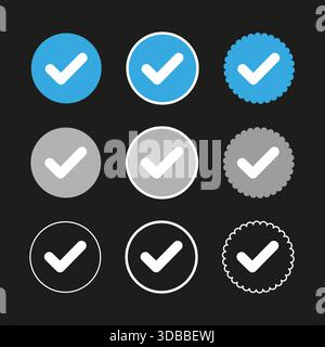 Icona segno di spunta. Simbolo del badge di approvazione. Cerchio grigio blu. Design con sfondo nero. Illustrazione Vettoriale