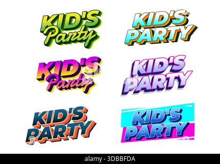 Una collezione di sei loghi colorati e divertenti con il testo Kids Party. Ogni logo ha un design unico e colori vivaci, adatto ai bambini Illustrazione Vettoriale