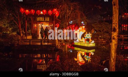 Portland, Stati Uniti - 8 febbraio 2025: Vista del padiglione del giardino cinese illuminato che si riflette nello stagno STILL con lanterne rosse vibranti e. Foto Stock
