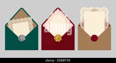 Set di eleganti buste aperte con cornice in pizzo all'interno. Illustrazione vettoriale realistica. Meglio per l'invito Illustrazione Vettoriale
