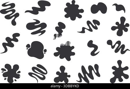 Le salse spruzzano le silhouette. Elementi liquidi in salsa nera, goccioline isolate di inchiostri. Flussi di olio, diverse gocce d'arte decorativa, clipart vettoriale sapid Illustrazione Vettoriale