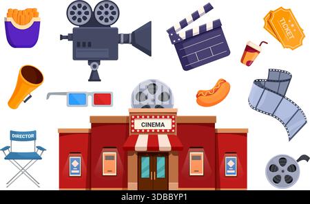 Cinema. Icona del cinema, sedia del regista, fast food. Fotocamera e clapper, megafono, biglietti. Vettore sapid di intrattenimento isolato Illustrazione Vettoriale