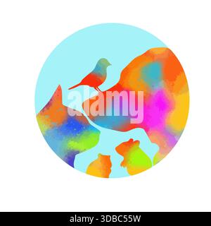 Logo della clinica veterinaria con silhouette colorate per animali domestici. Disegnato a mano. Non ai, illustrazione vettoriale. Illustrazione Vettoriale