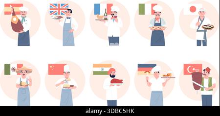 Diversi cuochi di campagna. Lo chef propone piatti della cucina tradizionale e varie terre. Piatti italiani francesi spagnoli, tacchino, kebab, taco messicano, recente Illustrazione Vettoriale