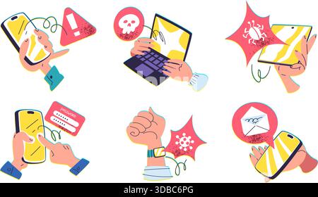 Mani di sicurezza informatica. Icone dei concetti di truffa su smartphone, frode sicurezza informatica criminalità dati bancari phishing telefonata o sms hack app mobile online ladro di Internet illustrazione vettoriale di classe grafica originale Illustrazione Vettoriale